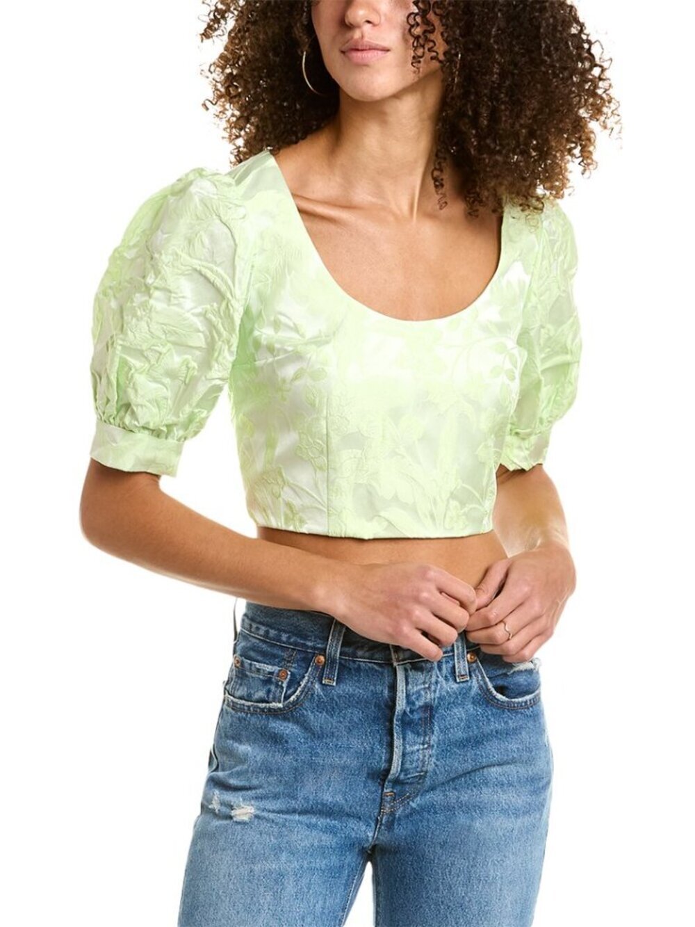 AMANDA UPRICHARD Ballad Green Floral Jacquard Cropped Bustier Top, Size M